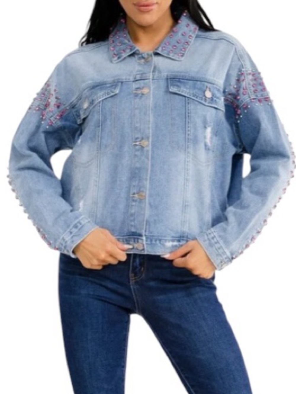 Pink Rhinestone Embellished Distressed Blue Washed Denim Jacket - Picture 3 of 4